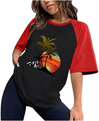 Плус големина на врвови за жени Raglan блок во боја краток ракав екипа на плажа зајдисонце печати лабава фит блуза облечена обична маица