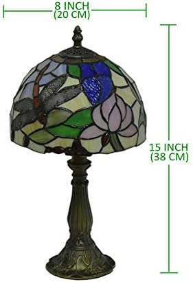 Тифани стил ламби лотос змеј, мала маса, светло 15 инчи висока витраж 8 инчи широка ламба сенка гроздобер антички акцент ламба за живеење