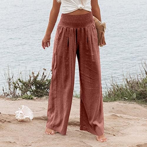 Панталони за жени iaqnaocc за жени, удобни памучни постелнини широки нозе со висока половината пантацо панталони со џебови