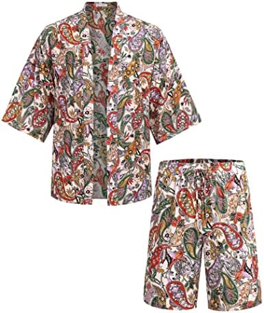 Коофанди машка 2 парчиња облека со лесна тежина Кимоно кардиганска јакна постави хавајски кошула на плажа со шорцеви