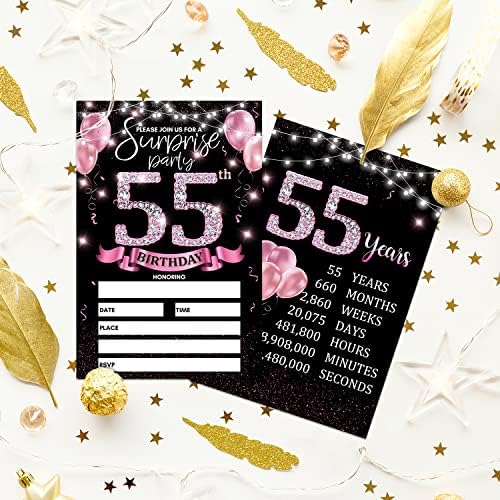 Покана за покана за 55 -та роденденска забава - Покани со розово злато со печатење на роденденски знаци на задниот дел од двострани покани за