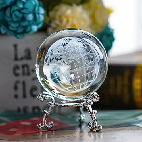 H&D Hyaline & Dora 2,3 инчи чиста кристална стаклена топка топка за хартија 3D ласерска врежана светска светска мапа на светска