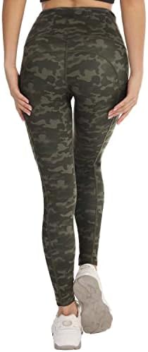 We1fit хеланки на јога со џебови за жени со високи половини јога панталони за тренингот што трчаше во Армијата на Каприс Зелено Камо
