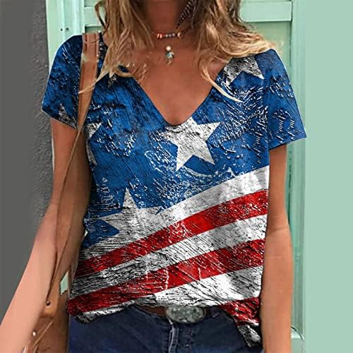 4 јули Кошули За Жени Лето Обични Американски Знаме Маица Краток Ракав V-Вратот Ѕвезди Ленти Вратоврска-Боја Блуза Врвот