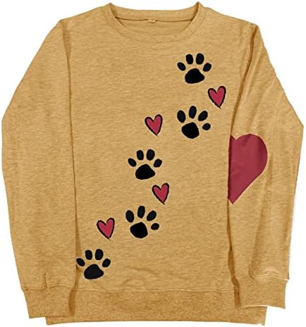 Женски џемпери loveубовни срцеви куче шепа печати симпатична графичка пуловер врвови необични кошули со блузи со долг ракав