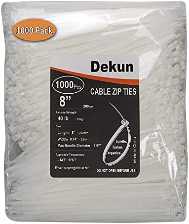Dekun Cable Zip врски 8 инчи, издржливи врски за управување со електронски кабел од 40 lb, најлонски електронски кабел