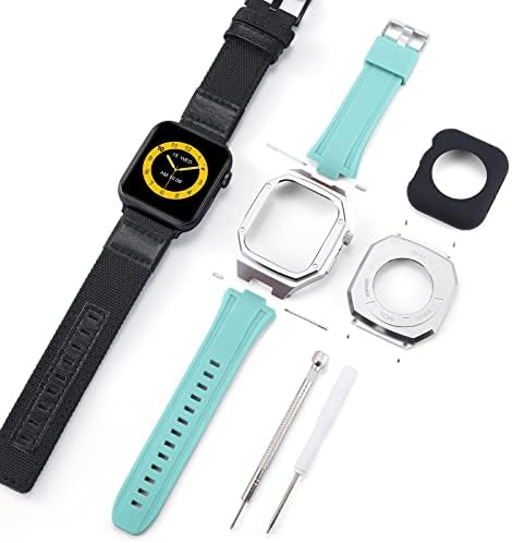 Binlun компатибилен со Apple Watch Band 44mm 45mm 2 Пакет силиконски опсег за часовници од не'рѓосувачки челик со груб метал целосен заштитен