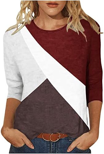 3/4 врвови за ракави за жени фустани обични трендовски геометриски печати графички маица летна екипа на екипажот во боја блок блок