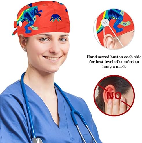 Операција капа буфан капа работно капаче со копчиња и лакови за коса за жени, долга коса, црвена диносаурус