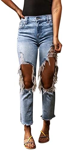 Миашуи Бел дното на панталоните за жени искинаа потресени широки фармерки за нозе за жени ретро лабава вклопени украсени хеланки за