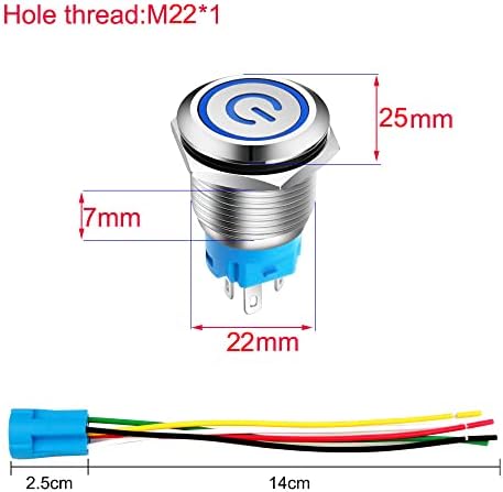 GEBILDET 0,87 ''/22mm Не'рѓосувачки челик за заклучување на копчето за притискање 12V-24V/5A Симбол за напојување LED 1NO1NC SPDT на