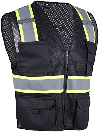 Vendace Hi vis Safety Reflective Mesh Vest за мажи ANSI Class 2 Висока видлива елек со 8 џебови и патент