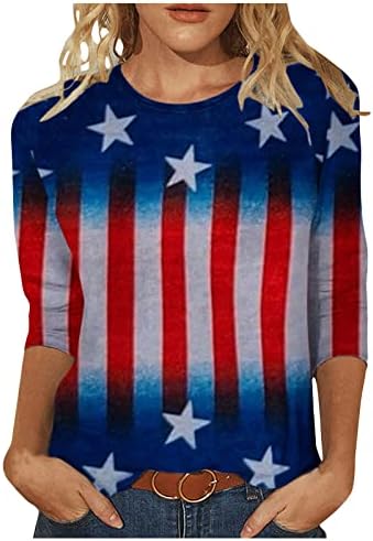 Patherенски летно американско знаме Патриотски маички лето летен обичен празник 3/4 ракави врвови на 4 -ти јули екипаж на вратот Основен