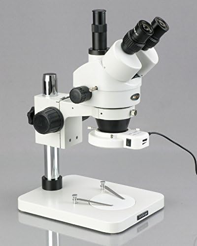 AMSCope SM-1TS-144S Професионален тринокуларен стерео зум микроскоп, WH10x очни очи, зголемување на 7x-45x, зголемување од 0,7x-4,5x зум, 144-сијалица LED прстен светло, столб, столб, 110V-24