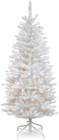 Национална компанија за дрво вештачка пред-осветлена тенка елка, бела, ела на Кингсвуд, бели светла, вклучува штанд, 4,5 стапки