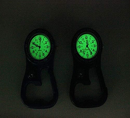 Зоведаиуг клип-он кварц карабинер часовник ранец водоотпорен и шок-огноотпорен џеб часовник сјај во темниот клип на часовникот со шише Опнер за камп за искачување