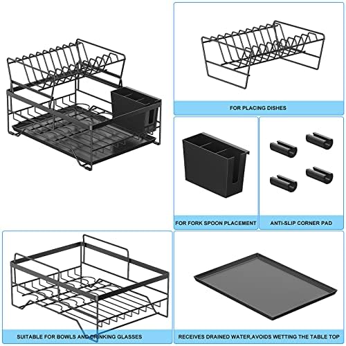 Решетката за сушење на садови Deagenlte, 2 нивоа решетки за садови, метални садови за садови за мијалник, решетката за сушење кујна