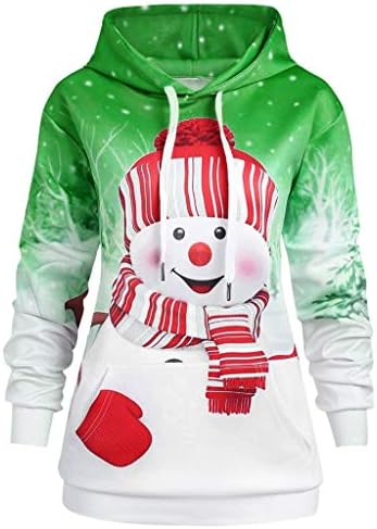 Vekdone Women'sенски преголеми Божиќни хумани качурки цртан филм снежен човек XMAS Holiday Tunic Sweatshirt со џебови