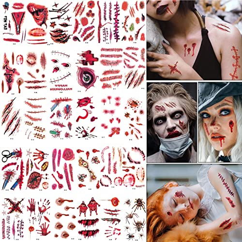 30 листови лузна тетоважа привремена Ноќта на вештерките шминка Тетоважи тело лузна за лице Реално привремено зомби тетоважи лажни