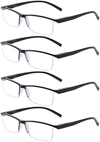 Секогаш очила за читање со 4 пакувања за мажи сина светлина блокирајќи компјутерски очила црна половина рамка чисти леќи за читање