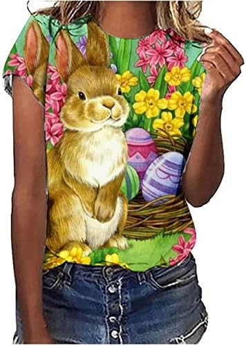 Велигденски врвови за жени, жени среќни Велигденски кошули екипаж симпатична зајак графички кратки ракави празнични врвови на блуза