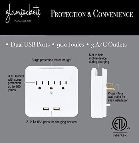 Glamsockets Декоративен wallиден монтиран заштитник со 3 продажни места, двојни пристаништа за полнење со USB и држач