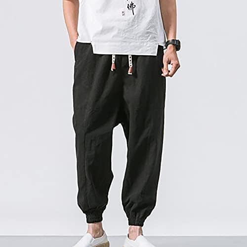 Машка памучна постелнина Харем панталони, баги влечење Еластична половината, панталони со лесни обични панталони со џебови