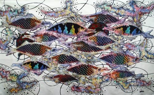 Оригинално сликарство со батик уметност на памучна ткаенина, „риба и долговечност“ од Агунг