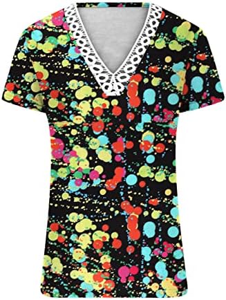 2023 Краток Ракав Длабоко V Вратот Цвет Графички Обична Блуза Маичка За Жени Fall Лето Чипка Памучна Блуза H6 H6