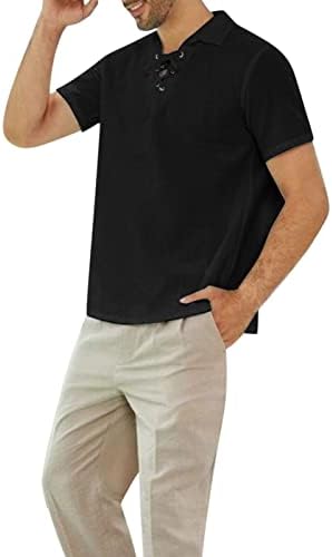 Zdfer Lace up маица за мажи, обични атлетски кратки ракави врвови за спортски тренинзи маички летни кошула со јака од јака