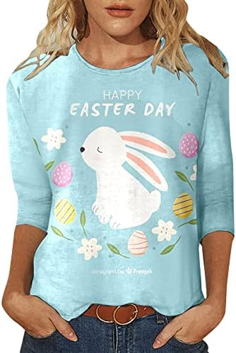 Велигденски кошули за жени обични 3/4 ракав симпатична зајаче графичка маичка трендовски врвови на туника на врвови удобна