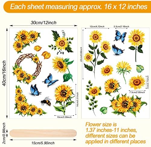 4 чаршави цветни цвеќиња на налепница на трансфери 12 x 16 инчи Трансфер на сончоглед за мебел од дрво занаети DIY уметности