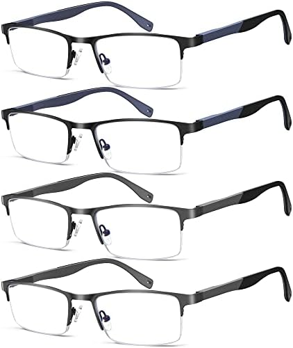 Felixaim 4 пакет сина светлина блокирајќи ги очилата за читање за мажи, половина рамка за читање на метали со лесни очила со пролетна шарка