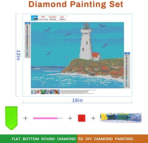 Huimei 5D Diamond Compate Kits For Adults, DIY Lighthouse Комплетни комплети за уметност со дијаманти за дијаманти, комплети за сликање на