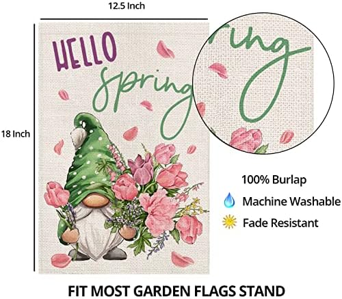 Здраво пролетно градинарско знаме за надвор од 12x18 двострано, гном со цвеќиња мало дворско знаме, летни сезонски декори за годишнина од
