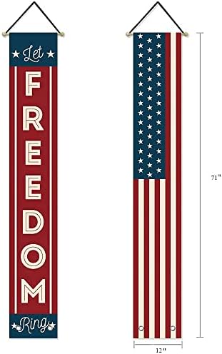Патриотски украси за декор на 4 јули, виси американско знаме и транспаренти „Нека freedo ringвонат“, партијата на четврти јули