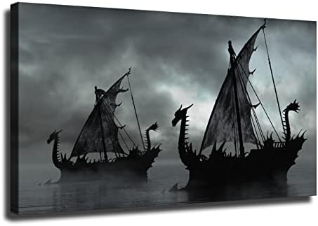Норвешки декор црно -бело сликарство Викинзите бродски уметнички дела фантазија пловидба постер декоративно сликарство платно wallидна уметност