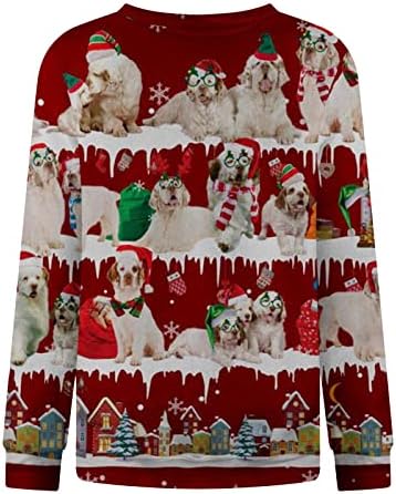 Женска Божиќна црвена печатена маица со долги ракави, лежерна лабава блуза врвови новини на кучиња lубител на кучиња пулвер кошули