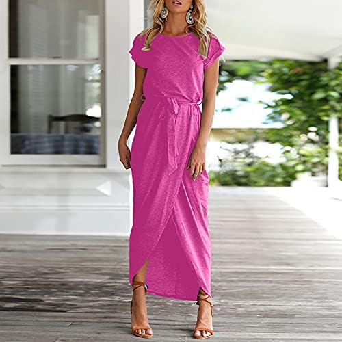 Fragarn Lettersенски летен солидна боја со цврста боја на половината со кратки ракави, тенок неправилен фустан