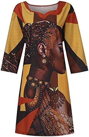 Женски Секојдневен Летен Фустан Гроздобер Африкански Печатење Изрез Вратот Среден Ракав Лабав Краток Фустан Партиски Фустан Со Џеб