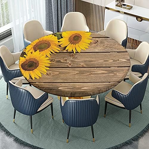 Амелија Шарп сончоглед опремена табела со табели од 60 инчи, дрвена крпа од дрво жито позадина, еластичен раб на маса, опфаќа водоотпорен дамки