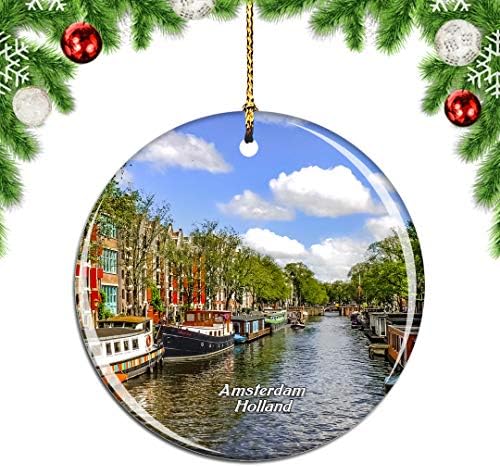 Неделен Холандија Канал Амстердам Божиќ Божиќно дрво украс украс виси приврзок декор градски патувања сувенири колекција двострана порцелан 2,85