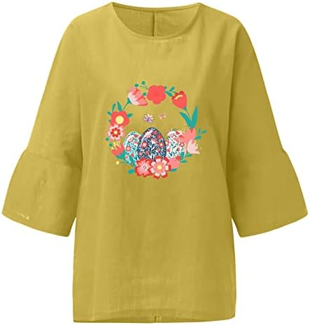 Велигденски кошули за жени летна обична кошула 3/4 ракав страничен отвор од туники слатки јајце венец графички памучен постелнина блуза
