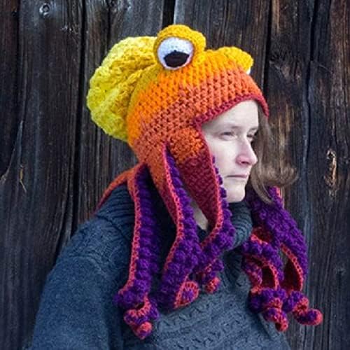 Yenei crochet octopus hat Смешна октопсиска капа со пипала, возрасни мажи и жени Зимска волнена капа, добар роденден каки