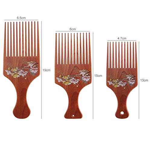Solustre 3PCS чешел со широки заби во природно дрво Chinoiserie цветна шема ретро коса приклучок чешел скалп масажа чешел деликатен обликување