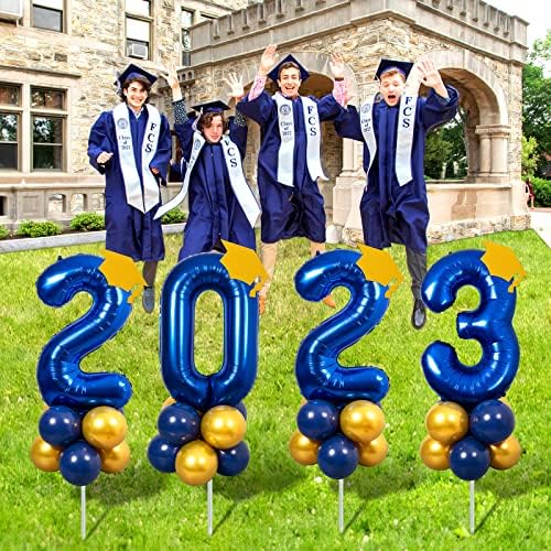 2023 Декорации за дипломирање на забави - Морнариско сино злато 2023 Балон двор знаци со капа за матура за матура во колеџ