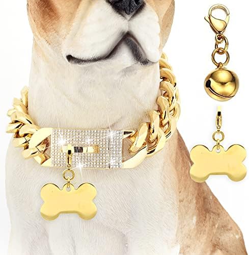 Јака од кучиња од златен ланец Прадог 19мм со дијамантска тока bellвонче и коска ознака од не'рѓосувачки челик ланци, кубански