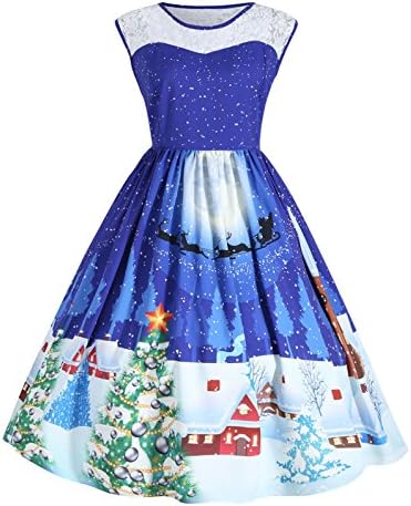 Christmasенски плус големина на Unifaco, Божиќни дневни фустани, без ракави, повторно печатење на вратот, разгорен коктел забава
