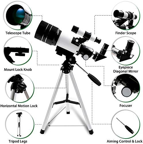Телескоп на Геертоп за деца почетници 70мм отвор 300мм АЗ Монт Астрономија Рефрактор Телескоп со прилагодлив статив за Stargazing,