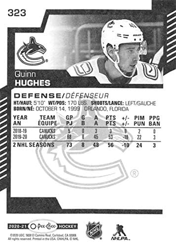 2020-21 O-PEE-CHEE 323 Quinn Hughes Vancouver Canucks NHL Hockey Trading Card